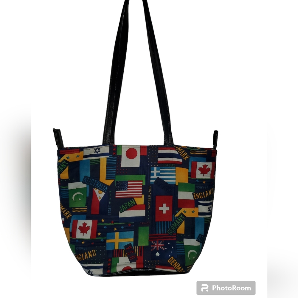 Flags of countries‎ tote bag, blue purse leather bottom velcro closure